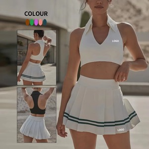 Hauts de golf à manches courtes avec col, mini-jupes plissées de tennis, color block, pickleball, séchage rapide, 100% viscose, ensemble 2 pièces - Product Image 4