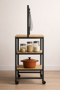 Chariot de rangement moderne en bois avec cadre en acier inoxydable et crochets pour l'organisation de la cuisine, le rangement des aliments et des outils, facile à nettoyer, BeNK Vietnam - Product Image 4