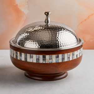 Casserole en bois sur piétement avec incrustations de nacre – 3,5 L, fabriquée à la main |   Avec noyau en acier inoxydable - Product Image 1