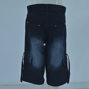 Shorts cargo en denim bleu foncé pour homme, de haute qualité, sur mesure, taille mi-haute, fermeture boutonnée, style décontracté avec poches latérales, tissu en coton tissé - Product Image 6