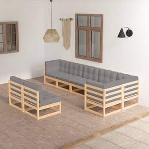 Ensemble de salon de jardin en bois naturel avec coussins gris - Product Image 1