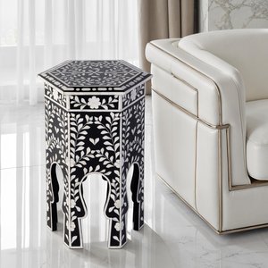 Arabic Style Geometric Bone Inlay MDF Side Table With Floral Design Muslim Home decor Bedside Table Luxury Accent Furniture - Product Image 4