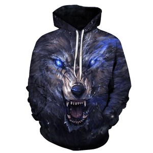 Sudadera con Capucha para Hombre, Diseño 3D de Lobo y Luna, Azul, Invierno, Informal, 100% Algodón, Resistente al Viento - Product Image 3