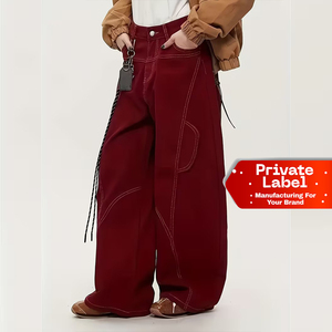 American Street-style <b>Burgundy</b> Wide-leg <b>Jeans</b> Are Simple Stylish Casual And Versatile with Contrast Stitching Decoration - Product Image 1