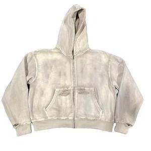 เสื้อฮู้ดดี้ทรงบ็อกซี่แบบครอป ซิปหน้า สไตล์สตรีทแวร์ ผ้าคอตตอน 100% หนัก 500GSM ล้างสีแบบแอซิดวอช ดีไซน์ขาดๆ สำหรับผู้ชาย - Product Image 5