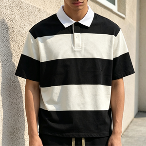Polo a Rayas con Bloques de Color para Hombre, Manga Corta, Cuello Blanco, Top Informal de Punto - Product Image 2