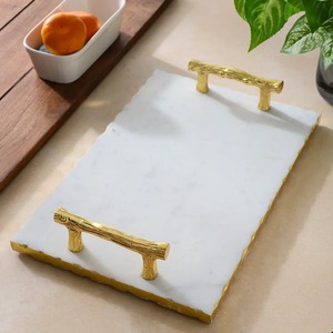 <b>Top</b> Selling Marble <b>Stone</b> Tray In Unique Golden Spoon And Fork Designed Handle With Golden Borders For <b>Table</b> Decoration - Product Image 4