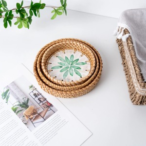 Two Piece Green Design Mother Of Pearl Rattan Edge <b>Serving</b> Tray <b>Set</b> Perfect For Stylish Party Entertaining And Gifting Purpose - Product Image 4