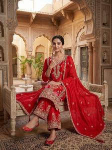 Suministro Directo de Fábrica: Traje Kurti Palazzo de Seda Chinnon para Mujer India con Bordado Premium y Dupatta de Lujo - Product Image 3