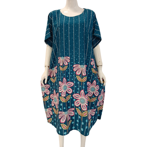 Women Floral Print Cotton Loungewear Dress Knee Length Short Sleeve Round Neck Casual Loose Fit Spring Wear - Product Image 2