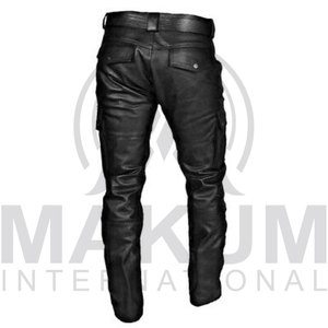 Pantalon en cuir noir pour homme, coupe droite, style motard, fermeture éclair, poches latérales, taille mi-haute - Product Image 4