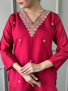 Women Embroidered <b>Red</b> <b>Silk</b> Salwar Kameez Set with Floral Dupatta Traditional Ethnic Wear for Wedding Occasion - Product Image 4