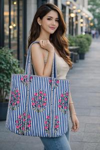 Women's Cotton Quilted Tote Handbag Vintage Block Print Large Washable Canvas Lining <b>Small</b> Shoulder Market/Grocery Bag for Daily - Product Image 3