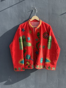 Custom Womens Red Velvet Embroidered Quilted <b>Jacket</b> Handmade <b>Western</b> Cowboy Boho Artisan Fashion Outerwear Quick Dry Floral - Product Image 3