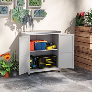 Tavolo da Preparazione per Esterni con Piano in Metallo, Armadietto in Legno con Doppia Porta e Ripiano per Patio e Giardino, Colore Grigio - Product Image 2