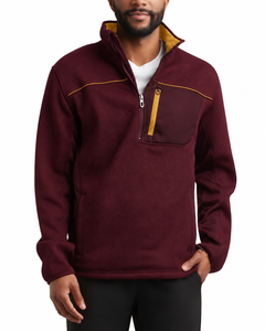 Suéter de punto con cremallera de un cuarto de cuello para hombre TESSUTO, color burdeos, con ribete dorado, bolsillo con cremallera, cuello alto, jersey informal de golf - Product Image 1