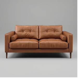 Canapé en cuir Cognac de qualité supérieure, 2 places, avec dossier capitonné, style moderne du milieu du siècle, canapé de salon, design avec pieds en bois massif - Product Image 1