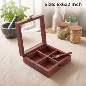 Boîte à épices en bois artisanale avec couvercle miroir, 6 compartiments, Masala Dabba avec cuillère, organisateur d'épices de cuisine, Masala Dani en bois - Product Image 2