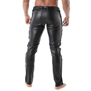 Pantalon formel en velours côtelé et cuir Kinky Chippendale pour homme, coupe slim, noir, style audacieux et sexy pour soirées et clubs - Product Image 3