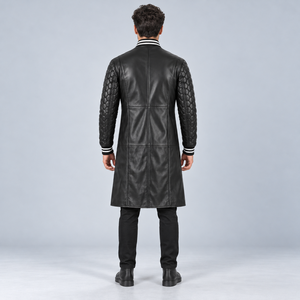 <b>Men</b> <b>Black</b> Leather <b>Long</b> <b>Coat</b> with Quilted Sleeves Snap Button Front Striped Ribbed Collar Fashion Varsity Style Winter Outerwear - Product Image 5