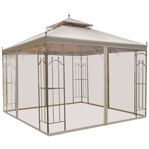 Gazebo da Giardino Moderno 10x10 in Acciaio con Tettoia Marrone Impermeabile, Tende in Rete di Ferro e Ripiani per Arredamento Esterno - Product Image 1