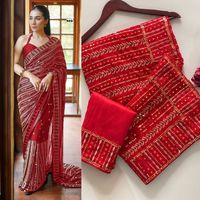 Sari rouge à sequins avec broderie, chemisier brodé, séchage rapide, longueur ras du sol, spécial Karwa Chauth, tenue de fête pour femmes