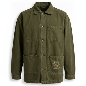 Chaqueta Utilitaria de Mezclilla Verde Oliva para Hombre de Outpost Supply Co, Corte Regular, Color Sólido, Cierre de Cremallera, Decoración con Parches, Ropa de Otoño - Product Image 1