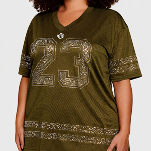 Maillot de football américain surdimensionné de haute qualité pour femme, design personnalisé, style rétro, avec logo en strass, streetwear, tenue de football USA - Product Image 2