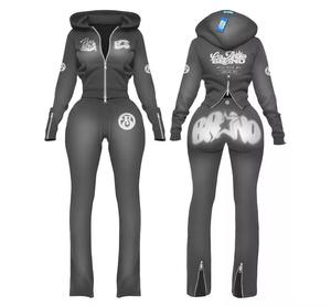 Ensembles de survêtements tendance pour femmes avec logo personnalisé, sweat à capuche zippé et pantalon évasé, ensemble 2 pièces pour femmes - Product Image 5