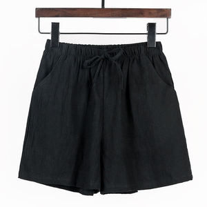 Women's Black Linen Shorts Solid Color Elastic Waist Drawstring Loose Fit Casual Summer <b>Pants</b> With Pockets - Product Image 1