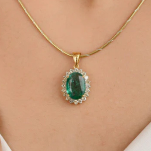 14K <b>Solid</b> <b>Gold</b> Oval Emerald Halo Diamond <b>Pendant</b> with Pear Cut Accents - Product Image 1