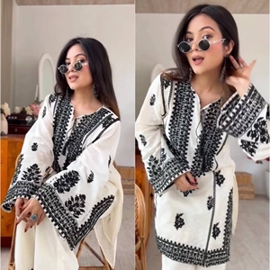 Magnifique ensemble Kurti Palazzo en soie rayonne Butti avec broderie point de chaînette, prêt-à-porter, tenue ethnique pour femmes - Product Image 3