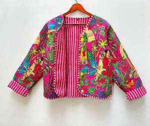 เสื้อแจ็คเก็ตบอมเบอร์ผ้าฝ้ายพิมพ์ลายบล็อก ทำมือ สไตล์โบโฮ สำหรับผู้หญิง แบบสั้น ใส่ได้สองด้าน เป็นมิตรกับสิ่งแวดล้อม ระบายอากาศได้ดี เหมาะสำหรับงานปาร์ตี้ในฤดูหนาว - Product Image 5