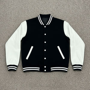 Customized Men's <b>Black</b> Varsity <b>Jacket</b> Cream Sleeves Embroidered Logo Front Button Closure Preppy Style Autumn Wear Regular Fit - Product Image 5