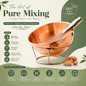 Bol mélangeur rond fait main en Inde avec anneau en laiton, fouet à œufs manuel en cuivre, ensemble d'outils de cuisine pour la pâtisserie et le mélange - Product Image 3