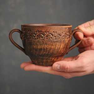 Handmade Terracotta <b>Tea</b> Cup and Saucer <b>Set</b> Vintage Embossed Ceramic Drinkware for Home Office <b>Party</b> - Product Image 1