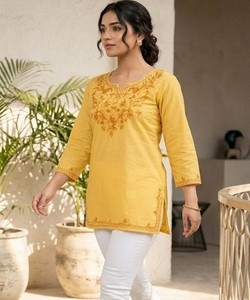 Blusa de Algodón para Mujer, Bordado Étnico, Manga 3/4, Blanca, Secado Rápido, Corte Regular, para Bodas y Fiestas, Estilo India/Pakistán, BLUESTAR - Product Image 1