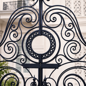 Elegante puerta doble de hierro forjado negro con intrincado medallón circular de calado y diseño de entrada de mansión lujosa - Product Image 2