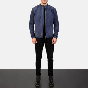 <b>Men's</b> Dark Blue <b>Suede</b> Zipper <b>Jacket</b> Stand Collar Casual Slim Fit Autumn Wear - Product Image 4