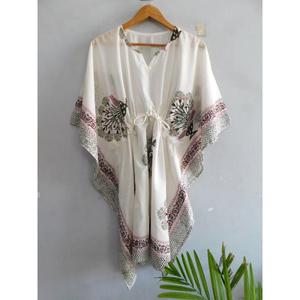 Vestido Kaftán de Algodón con Estampado de Bloques, Cuello en V, Mangas Murciélago, Lavable, Hecho a Mano, Estilo Boho, Túnica Holgada para la Playa, Ropa de Verano para Mujer - Product Image 1