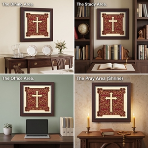 Framed Wooden Cross Wall Decor with Carved <b>Floral</b> Pattern Red Background Traditional Design for Living Room or Behind Doors - Product Image 3