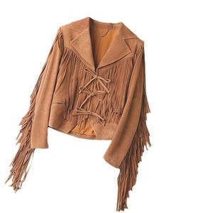 Premium Tan Women <b>Suede</b> Fringe <b>Leather</b> <b>Jacket</b> Front Lace Tie Closure Cognac Vintage Western Style Customization Available - Product Image 5