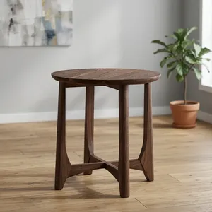 Modern <b>Round</b> Wood Side <b>Table</b> Minimalist Design Dark Finish Four-Leg Base Living Room Furniture - Product Image 6