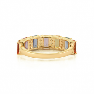 Magnifiques produits les plus vendus : Bague demi-éternité en or jaune véritable K14 avec saphirs multicolores et diamants, bijoux pierres de naissance - Product Image 6