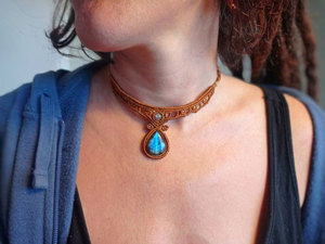 Labradorite Macrame <b>Necklace</b> Blue Flash Teardrop Gem Brown Cord Boho Handmade Adjustable <b>Statement</b> Jewelry - Product Image 3