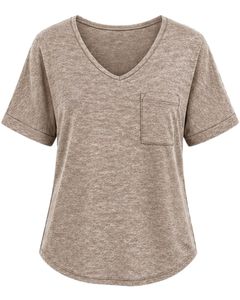 Camiseta Casual Personalizada para Mujer, Cuello en V, Color Taupe, Manga Corta, Mezcla de Algodón, Suave y Ligera, con Bolsillo, Cómoda para Uso Diario en Verano - Product Image 1