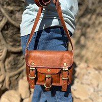 Tas selempang kulit kambing asli alami, buatan tangan, gaya Vintage tali tunggal dengan katun kulit asli kanvas lapisan pola permen