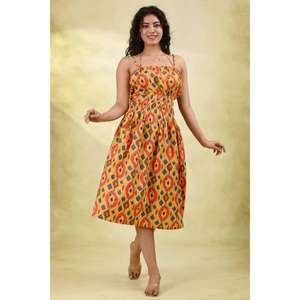 เดรสผ้าฝ้ายพิมพ์ลายดอกไม้แบบอิคัต 100% สำหรับผู้หญิง แขนกุด สายผูกเอว เอวธรรมชาติ ซักได้ สวมใส่สบายๆ สำหรับฤดูร้อน - Product Image 2