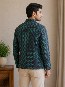 Veste pour homme en coton pur, entièrement imprimée à la main avec motifs géométriques en chevron, réversible, style ethnique. - Product Image 4