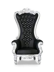 Luxury Royal Throne <b>Chair</b> | Hand-Carved Wooden High Back <b>Chair</b> with Black Leather Upholstery & <b>Silver</b> Deco Finish | King & Queen - Product Image 1
